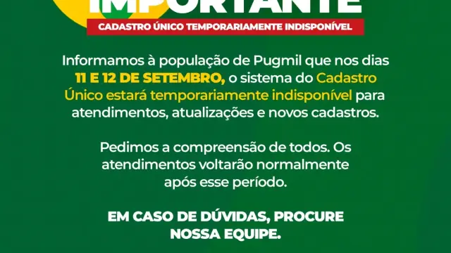 Cadastro Único ficará temporariamente indisponível nos dias 11 e 12 de setembro